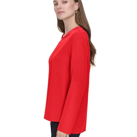Halston Women's Zip-Front Hi-Low Side-Slit Blouse – Red (NWT, Size XL) - Picture 3 of 4